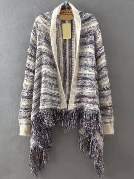 Romwe Striped Fuzzy Tassel Purple Cardigan