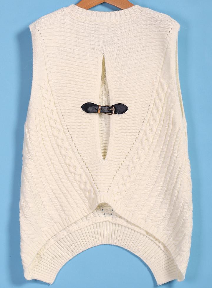 Romwe Buckle Cable Knit Apricot Sweater Vest
