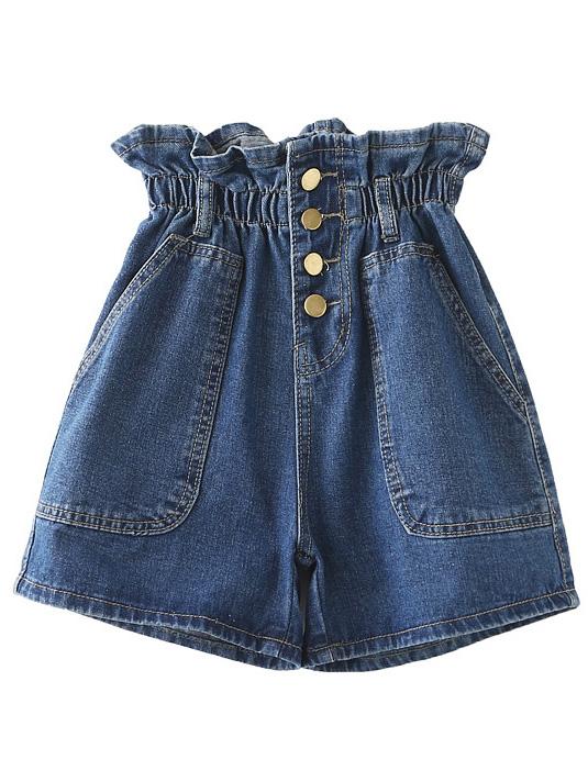 Romwe Dark Blue Elastic High Waist Buttons Front Denim Shorts