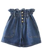 Romwe Dark Blue Elastic High Waist Buttons Front Denim Shorts