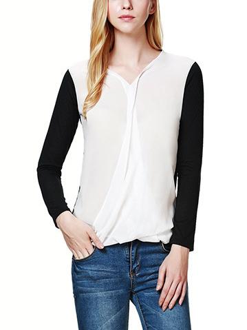 Romwe V Neck Wrap Chiffon Black White Blouse