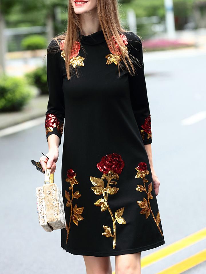 Romwe Black Collar Rose Sequined Shift Dress