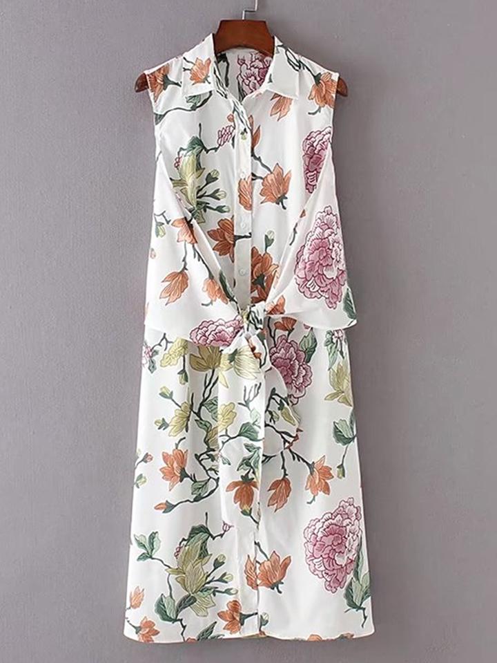 Romwe Floral Print Knot Front Shirt Dress