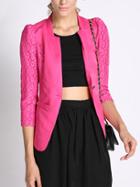 Romwe Stand Collar Lace Insert Hot Pink Blazer
