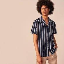 Romwe Guys Notch Collar Striped Shirt