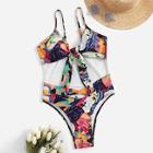 Romwe Knot Front Figure Print One Piece Swimsuit