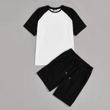 Romwe Guys Raglan Sleeve Two Tone Top & Drawstring Shorts Pj Set
