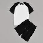 Romwe Guys Raglan Sleeve Two Tone Top & Drawstring Shorts Pj Set