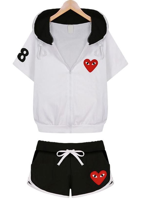 Romwe Hooded Heart Print Top With Drawstring White Shorts
