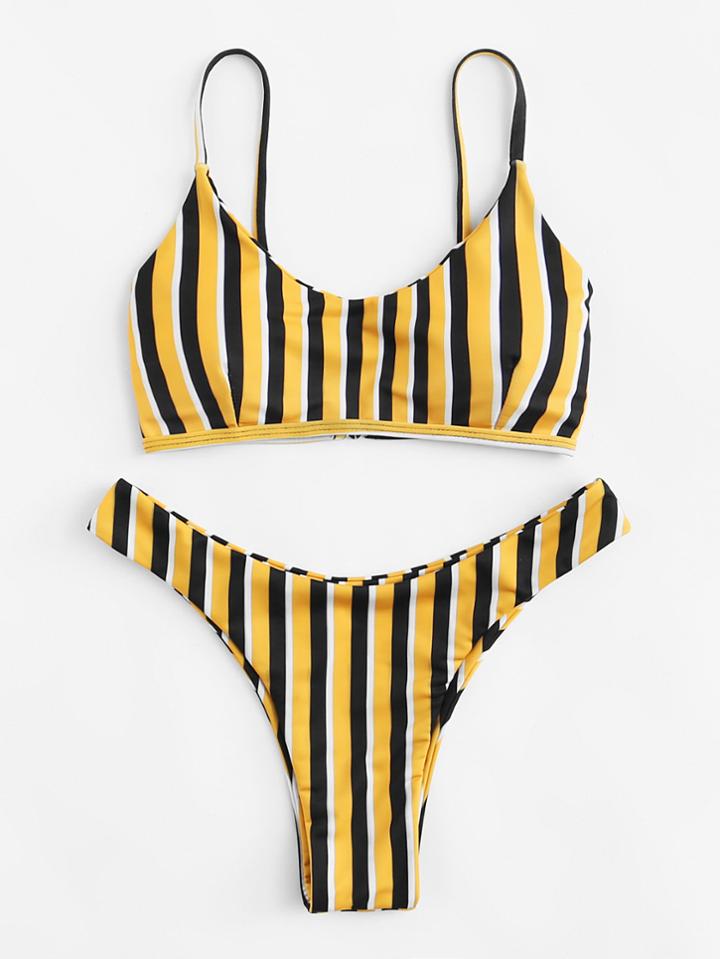 Romwe High Leg Striped Bikini Set