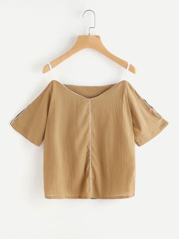 Romwe Open Shoulder Split Sleeve Pleated Top