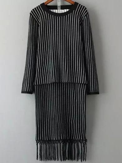 Romwe Vertical Striped Knit Top With Tassel Skirt