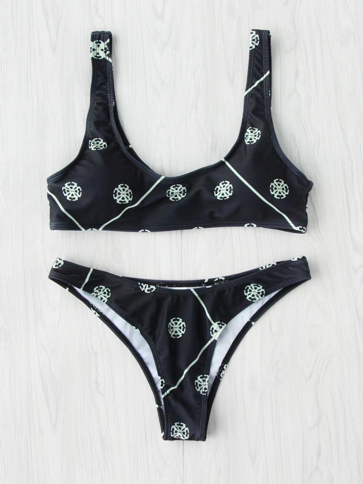 Romwe Graphic Print Scoop Neck Bikini Set