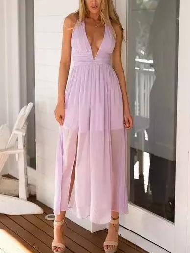 Romwe Deep V Neck Chiffon Maxi Purple Dress