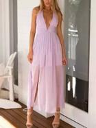 Romwe Deep V Neck Chiffon Maxi Purple Dress