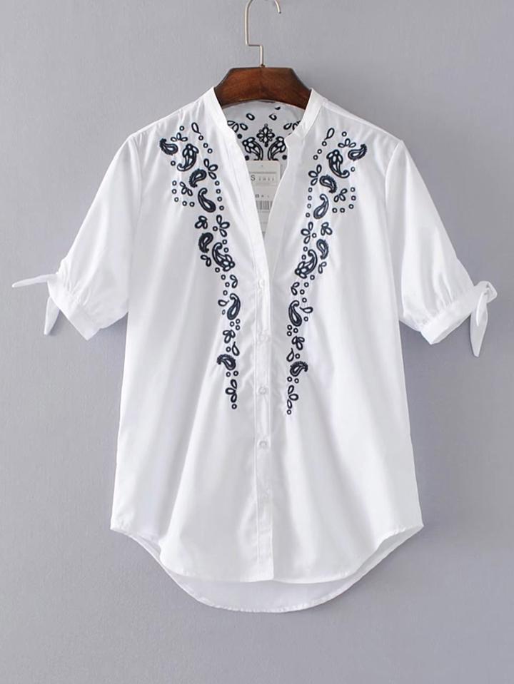 Romwe Flower Embroidery Tie Cuff High Low Blouse
