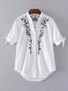 Romwe Flower Embroidery Tie Cuff High Low Blouse