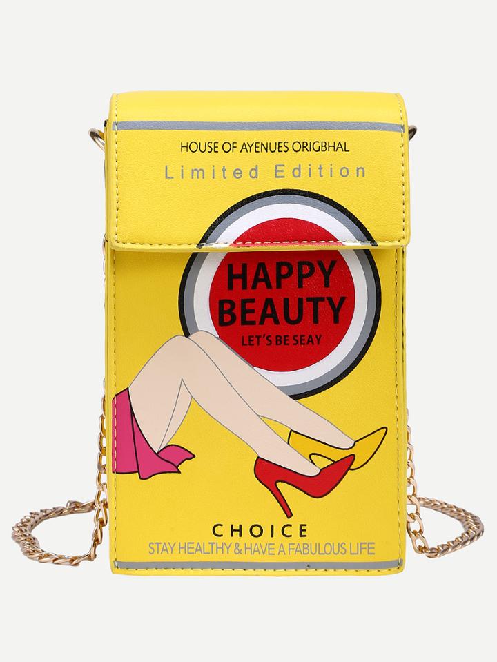Romwe Yellow Printed Box Crossbody Bag With Chain