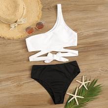 Romwe Rib-knit One Shoulder Knot Bikini Set