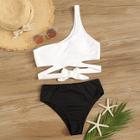 Romwe Rib-knit One Shoulder Knot Bikini Set