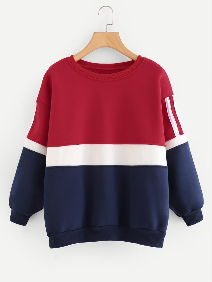 Romwe Contrast Panel Striped Sweatshirt