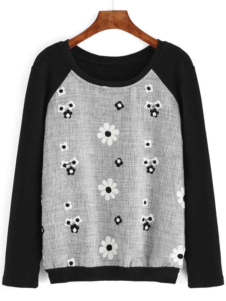 Romwe Contrast Long Sleeve Crochet Sweatshirt