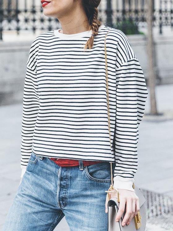 Romwe Black White Round Neck Striped T-shirt