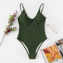 Romwe Knot Front Plain Swimsuit
