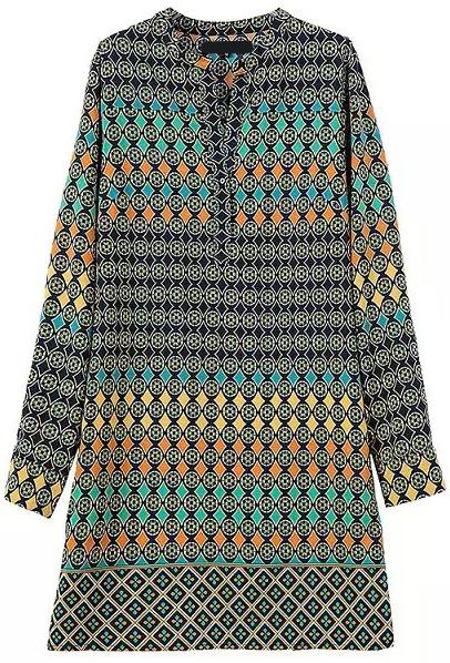 Romwe V Neck Long Sleeve Vintage Print Dress