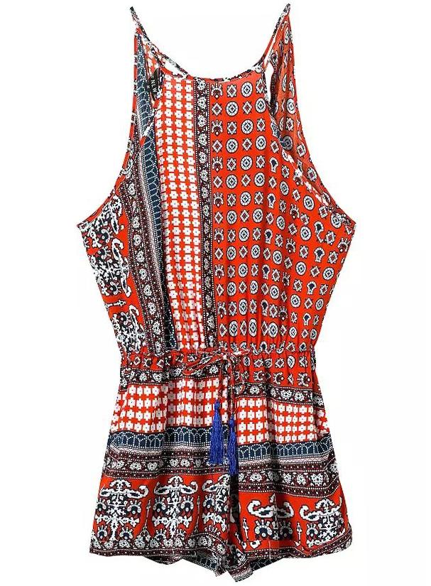 Romwe Spaghetti Strap Geometric Print Orange Jumpsuit