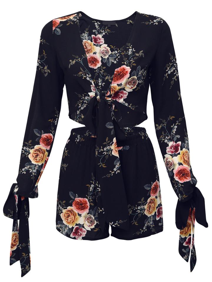 Romwe Navy Floral Print Bow Tie Blouse With Shorts