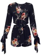 Romwe Navy Floral Print Bow Tie Blouse With Shorts