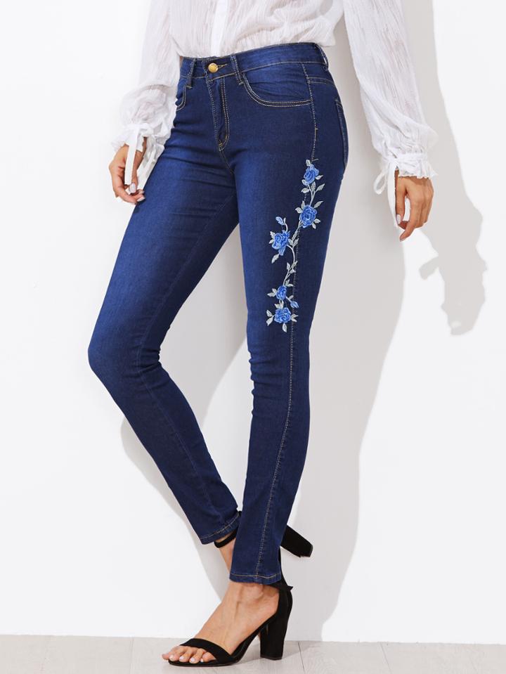 Romwe Floral Embroidered Applique Skinny Jeans