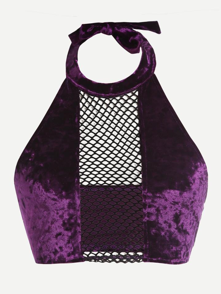 Romwe Halter Neck Mesh Panel Velvet Crop Top