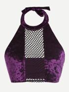 Romwe Halter Neck Mesh Panel Velvet Crop Top