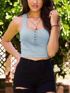 Romwe Buttoned Front Racerback Crop Tank Top - Light Blue