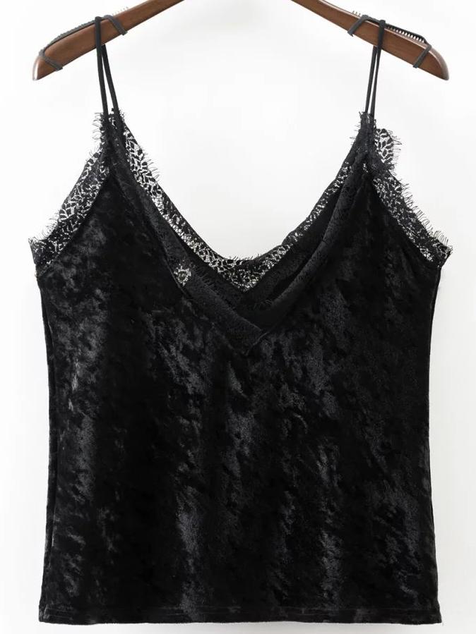 Romwe Black Lace Trim Velvet Cami Top