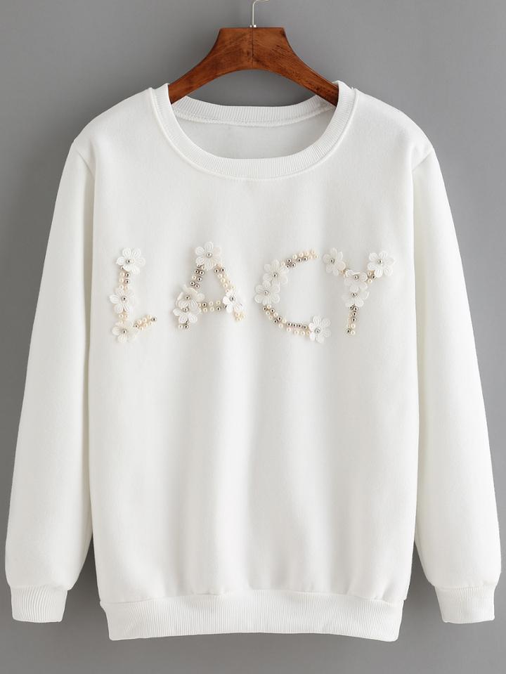 Romwe Crew Neck Beaded Appliques White Sweatshirt
