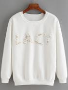 Romwe Crew Neck Beaded Appliques White Sweatshirt