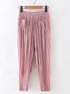 Romwe Pink Elastic Waist Pleated Chiffon Pants