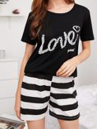 Romwe Slogan Print Tee & Striped Shorts Pj Set