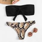 Romwe Tie Front Bandeau With Snake Print Bikini Set