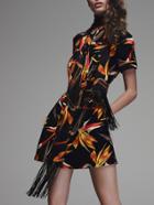 Romwe Black Short Sleeve Floral Print Drawstring Pockets Dress