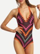 Romwe Zig Zag Print Backless One-piece Swimwear