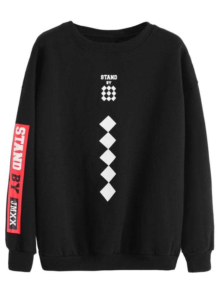 Romwe Black Geometric Letter Print Sweatshirt