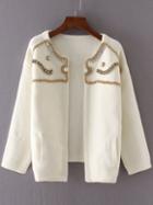 Romwe White Drop Shoulder Beaded Sweater Coat With Pockets