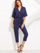 Romwe Blue V Neck Self Tie Jumpsuit