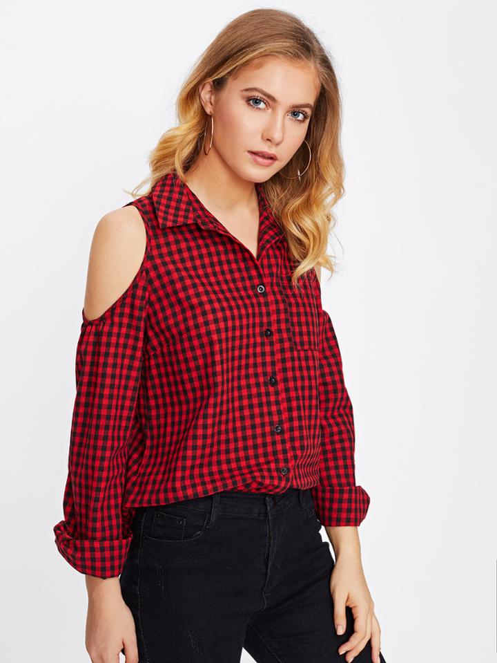 Romwe Open Shoulder Pocket Curved Hem Gingham Shirt