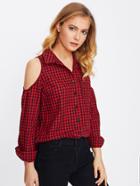 Romwe Open Shoulder Pocket Curved Hem Gingham Shirt