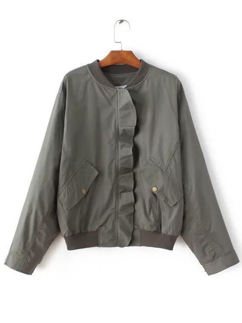 Romwe Grey Stand Collar Ruffle Trim Jacket